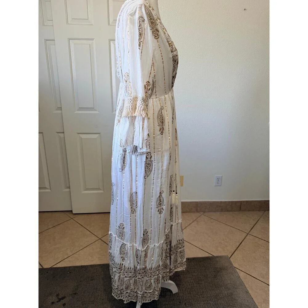 Namaste India Women S Dress Gold White Embroidered Bell Sleeve Festival Boho - Picture 4 of 16